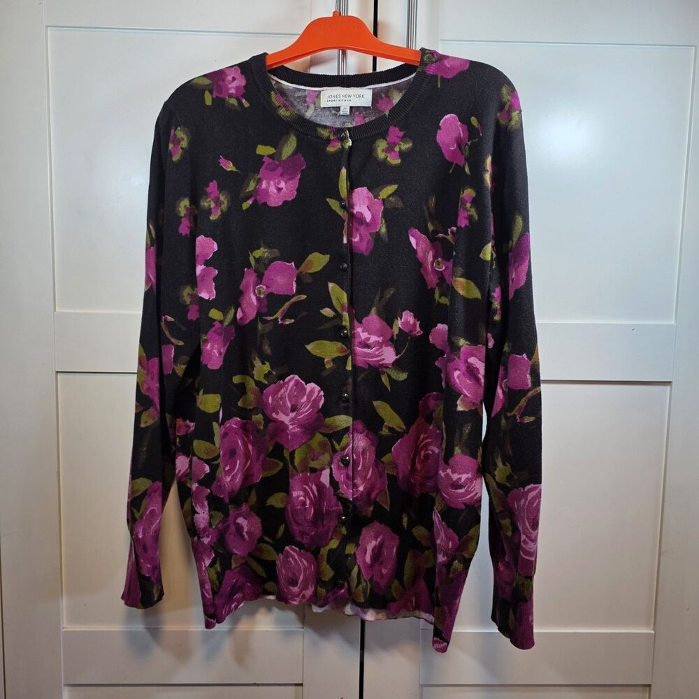Jones New York Sport Cardigan Women's 2X Black Pink Floral Button Sweater Office